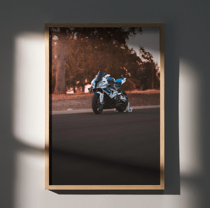 BMW S1000RR HP4 motorcycle poster with dynamic road background, framed wall art.