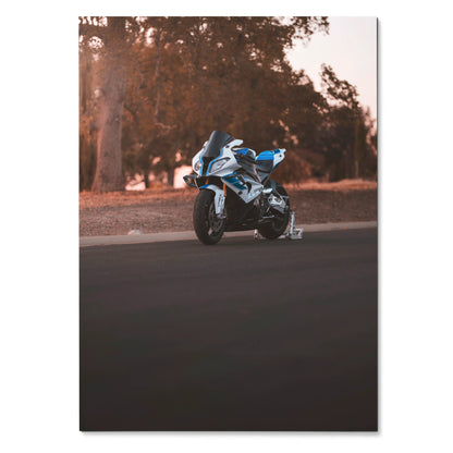 BMW S1000RR HP4 motorcycle parked on road at sunset poster wall art.