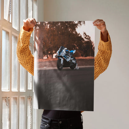 BMW S1000RR HP4 motorcycle poster showcasing detailed sportbike against a blurred outdoor background, wall art for.