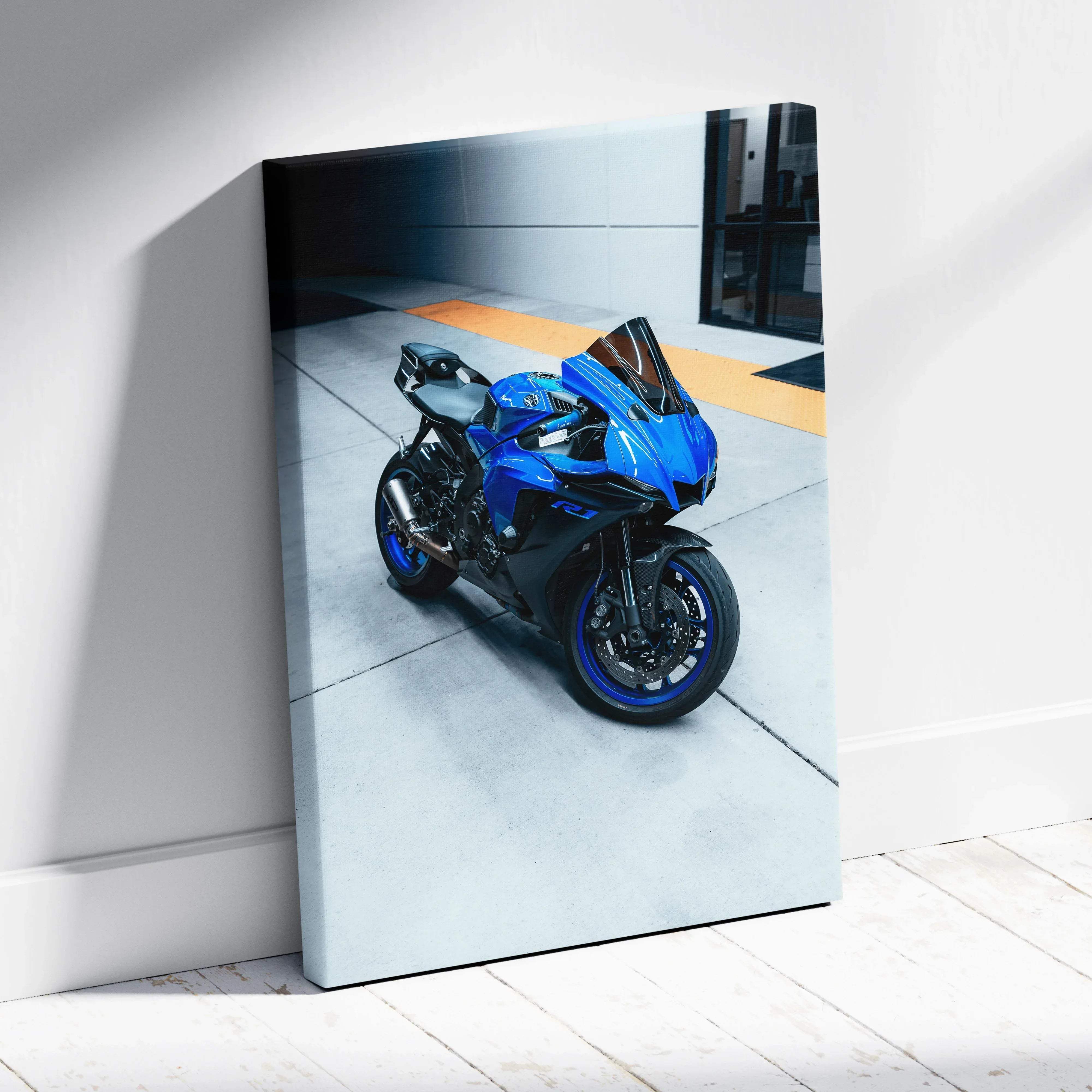 Blue and black Suzuki motorcycle printed on museum quality canvas wall art for vibrant vertical decor