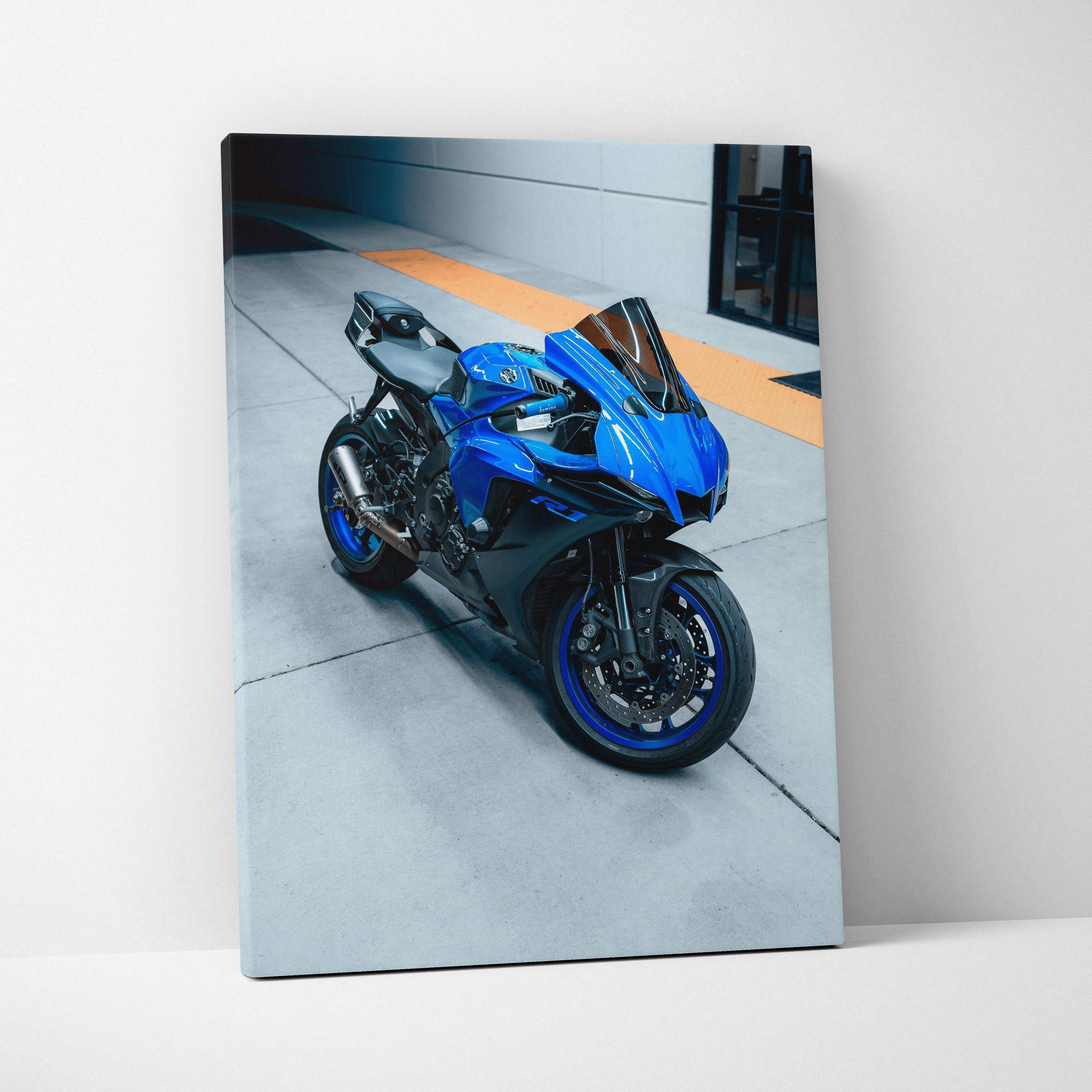 Yamaha R1 blue motorcycle canvas art with urban background, vertical wall art print.