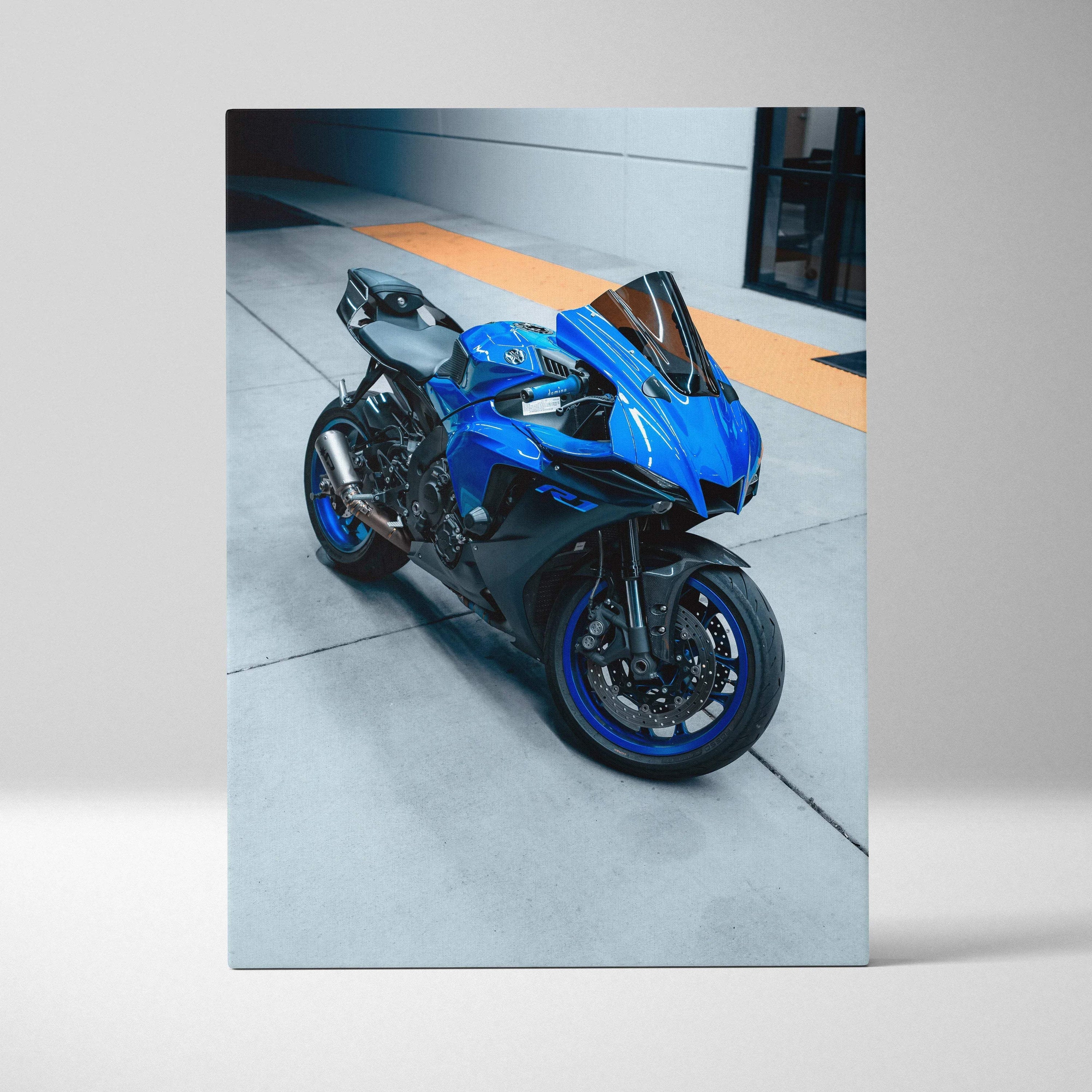 Blue Yamaha R1 motorcycle high-resolution canvas art with sleek modern design wall art.