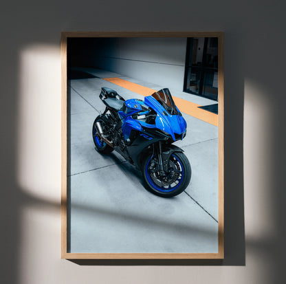 Yamaha R1 blue sport motorcycle poster wall art in wooden frame with shadow lighting.