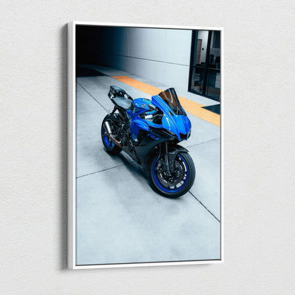 Blue Yamaha R1 motorcycle canvas art wall decor in sleek urban setting, vertical canvas wall art.