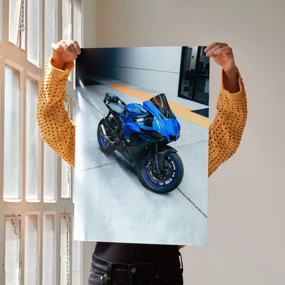 Yamaha R1 motorcycle poster with detailed blue sportbike design, modern wall art for home decor.