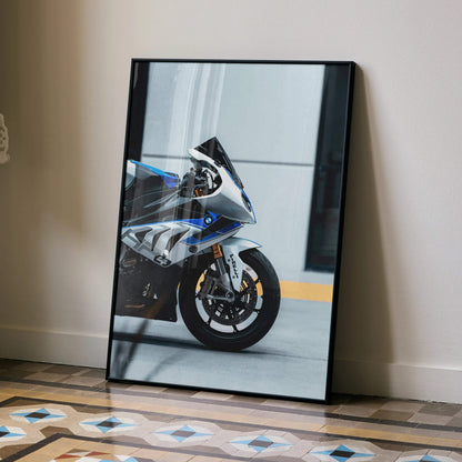 BMW S1000RR HP4 motorcycle close-up poster on floor, sleek wall art with black frame.