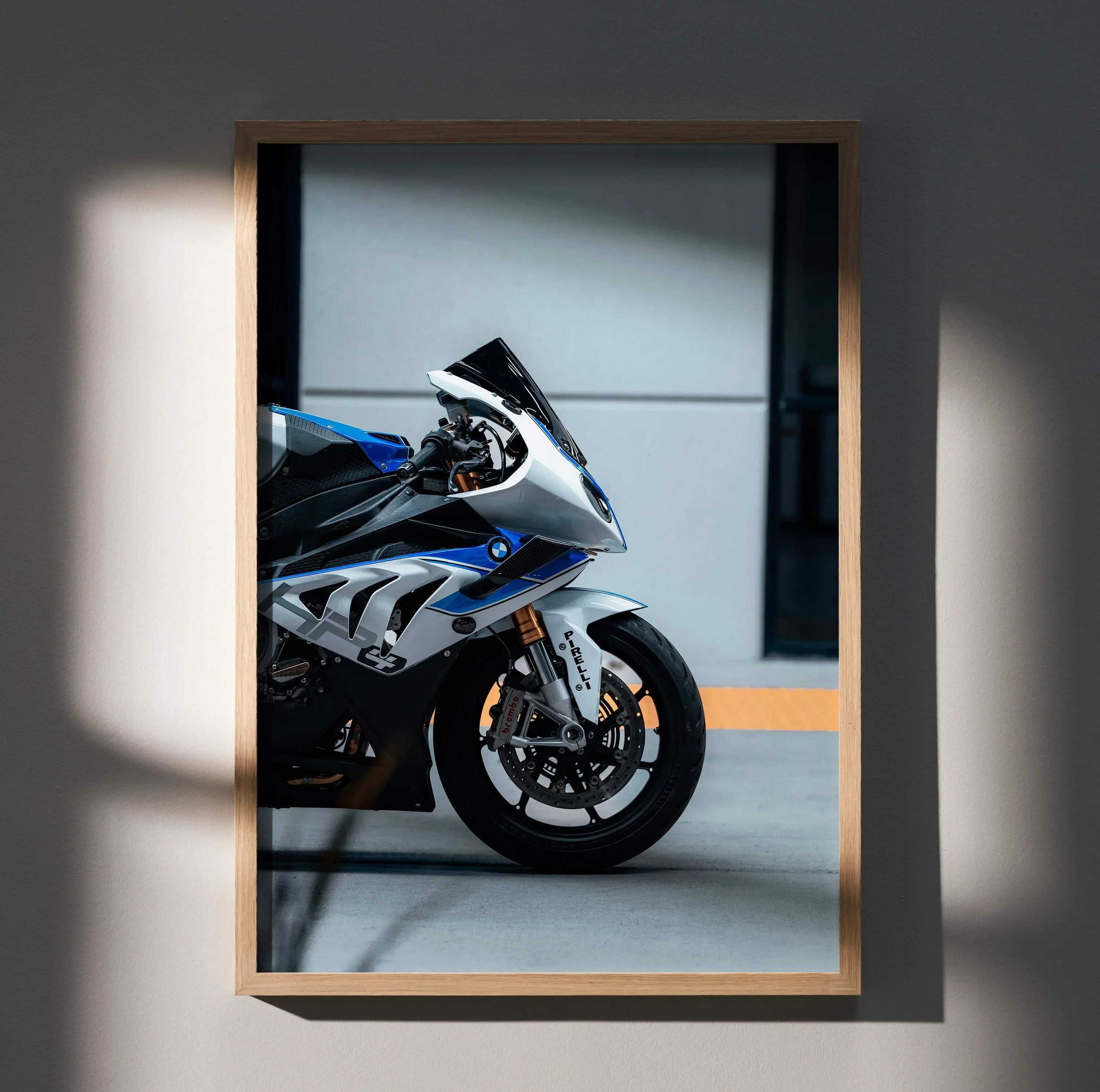 BMW S1000RR HP4 sport motorcycle close-up poster wall art in wooden frame.