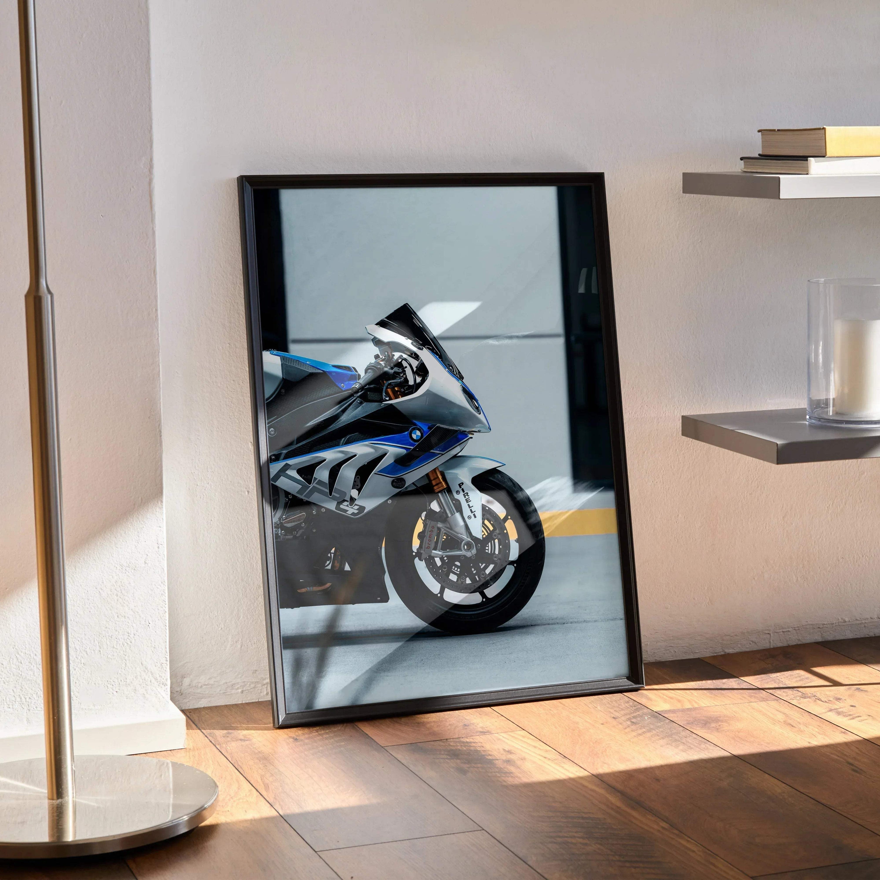BMW S1000RR HP4 motorcycle poster wall art with sleek blue sports bike design in black frame.