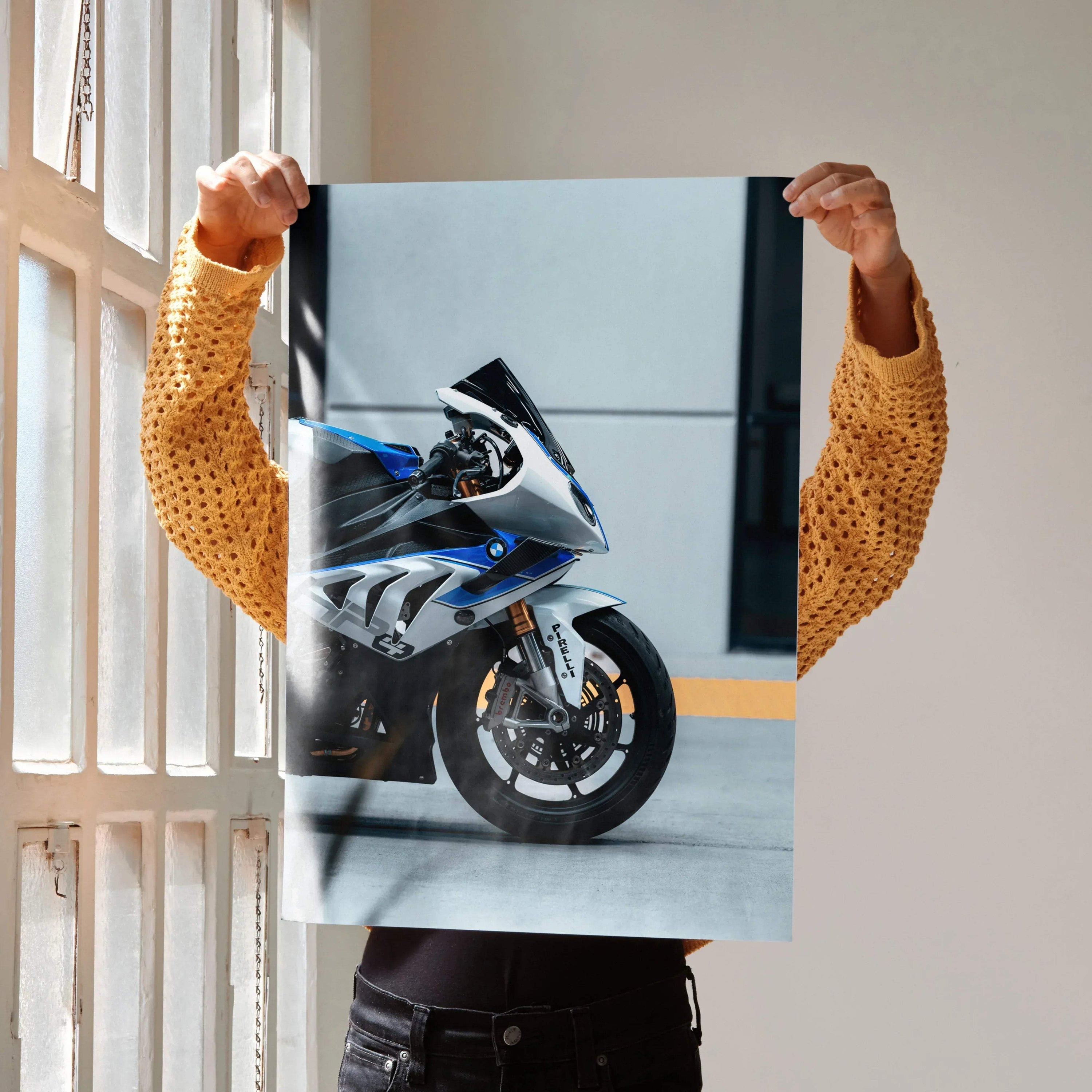 BMW S1000RR HP4 motorcycle poster showing front and side view in blue and white, wall art print.