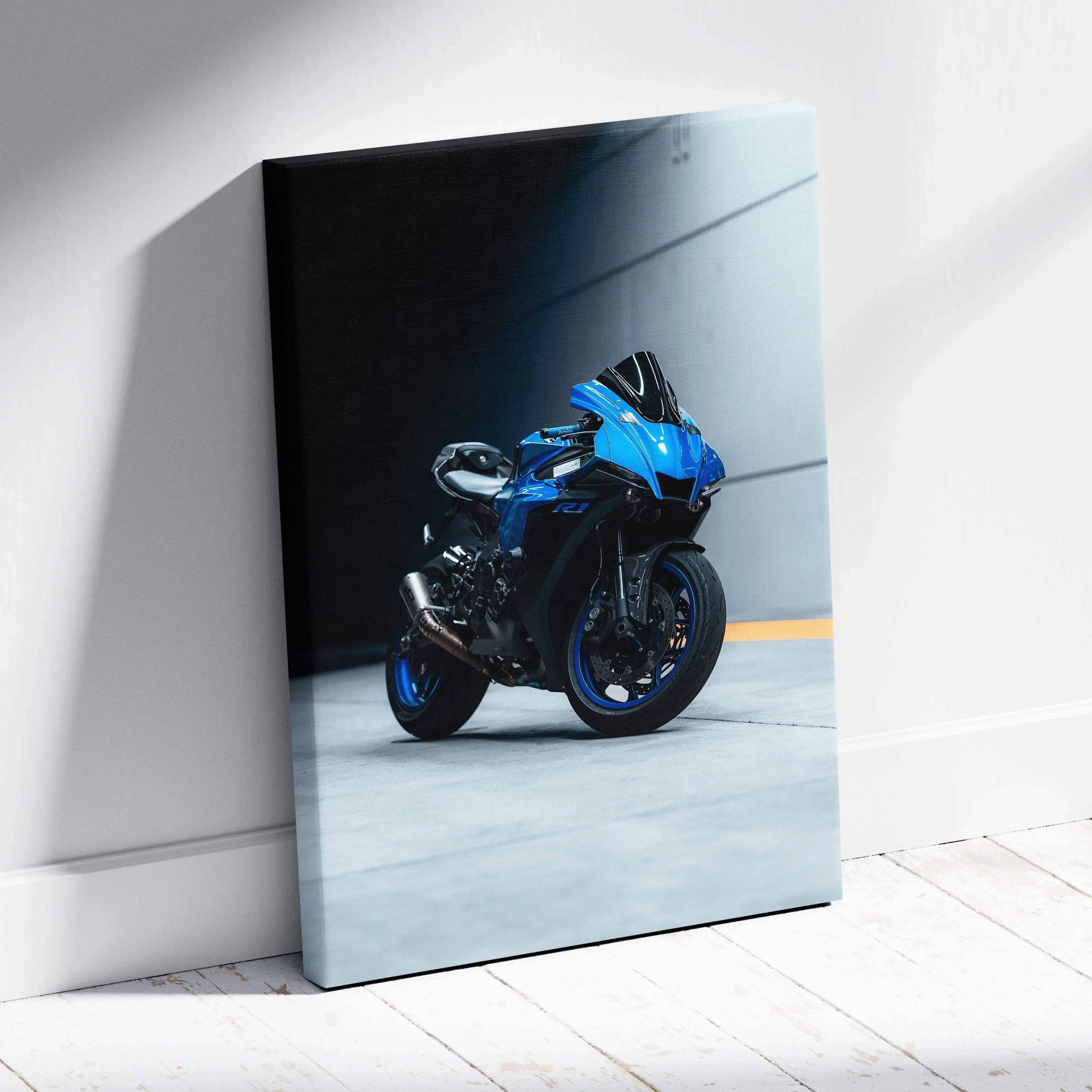 Blue Yamaha R1 motorcycle art on vertical canvas wall art with modern dark background.