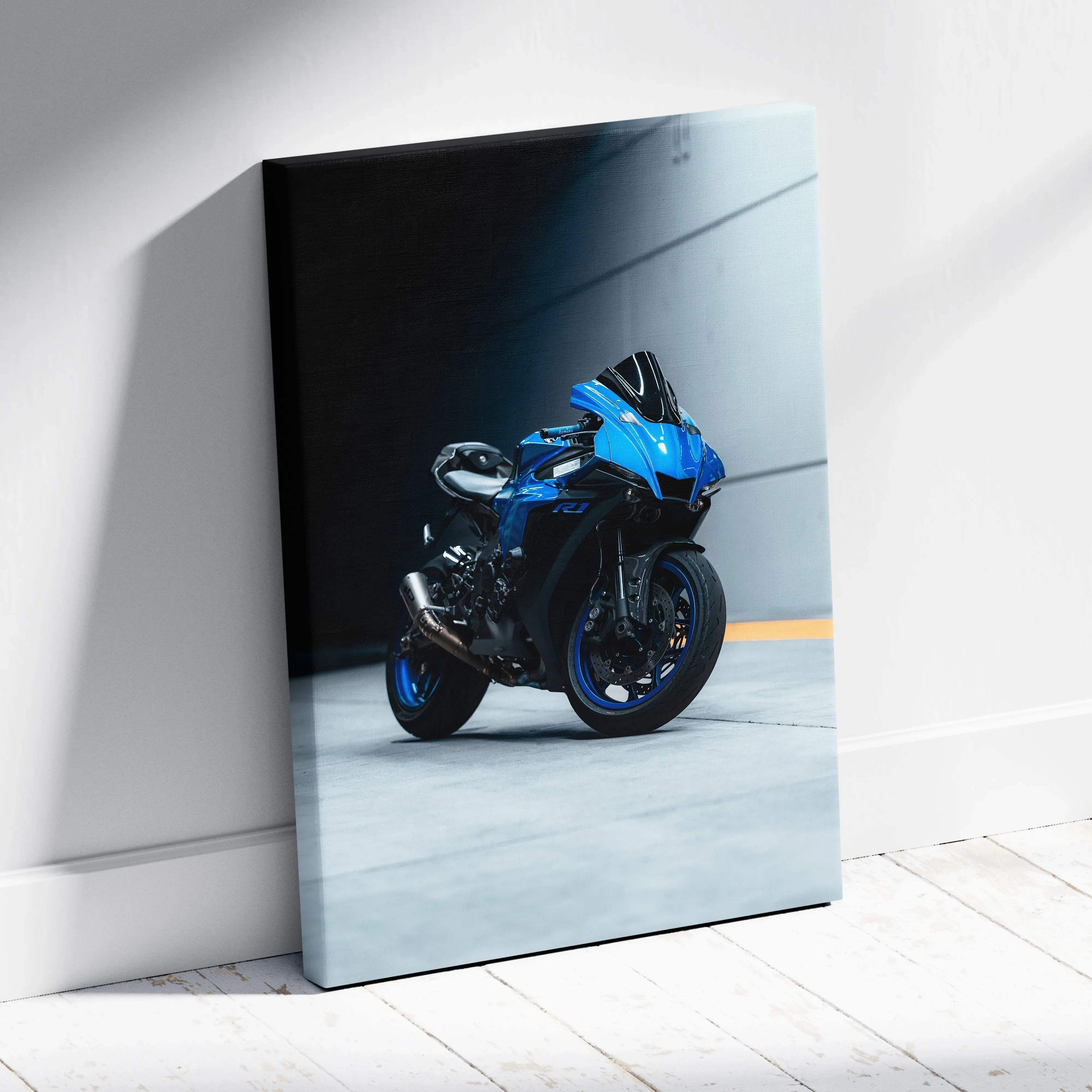 Canvas wall art featuring a high resolution blue and black Yamaha R1 sport motorcycle in vertical orientation
