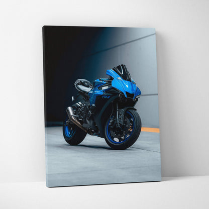 Yamaha R1 blue sport motorcycle canvas art with dark moody background vertical wall art.