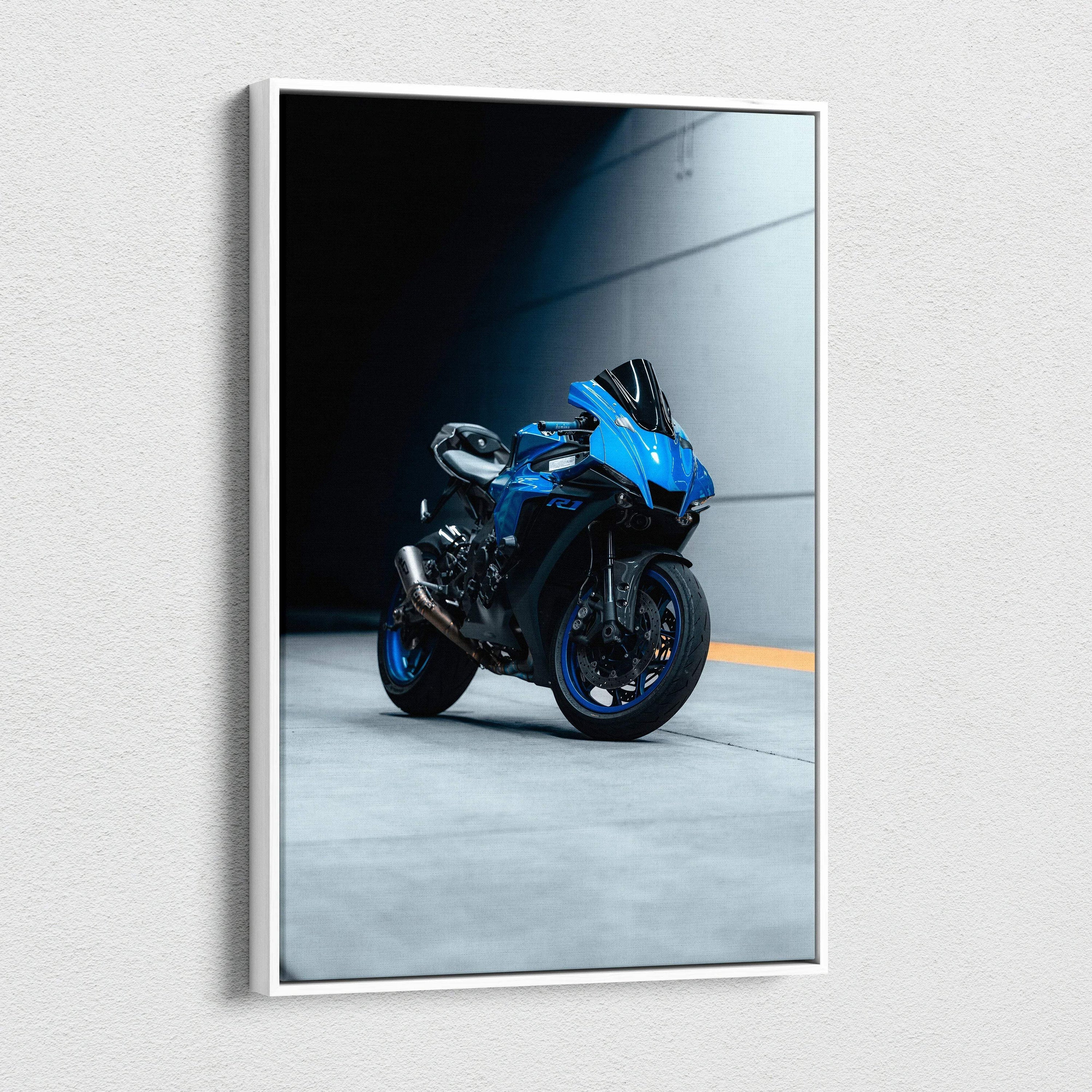 Blue Yamaha R1 motorcycle canvas art in a sleek vertical museum-quality wall art print.