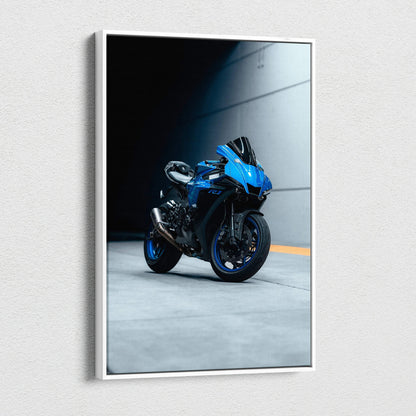 Blue Yamaha R1 motorcycle canvas art in a sleek vertical museum-quality wall art print.