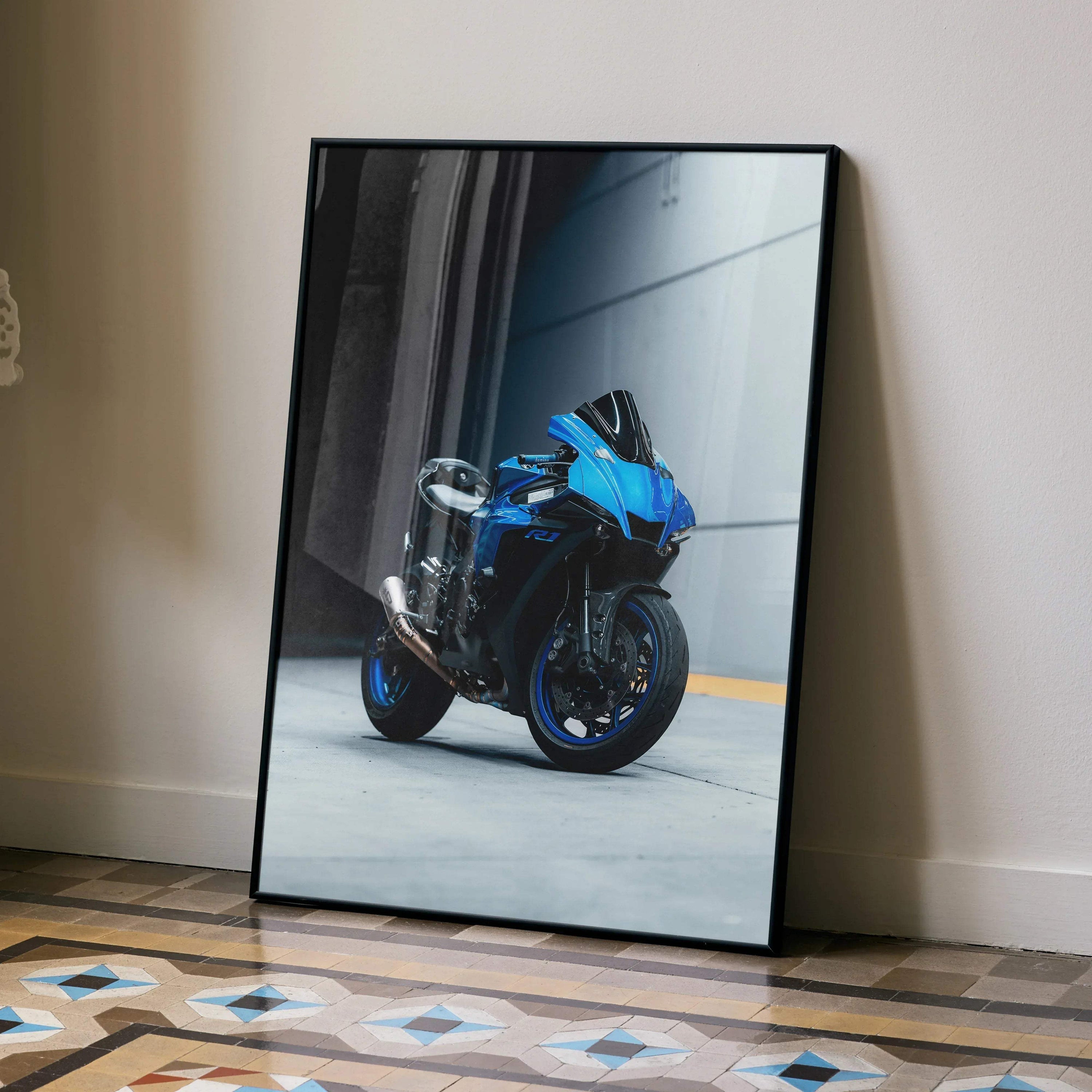 Yamaha R1 motorcycle poster with blue sportbike against industrial background wall art.