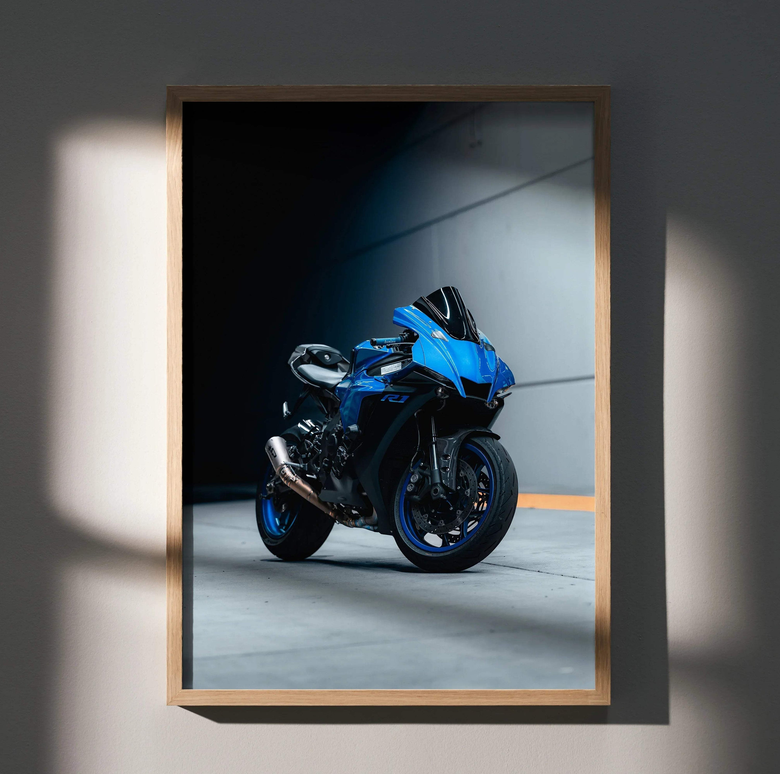 Yamaha R1 blue sport motorcycle poster on wall with dark background, modern wall art.