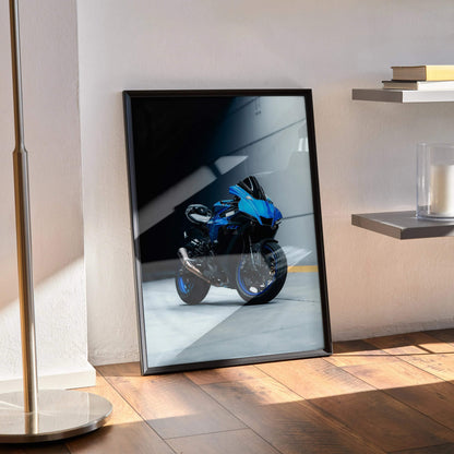Yamaha R1 motorcycle poster with vibrant blue and black wall art in sleek black frame.