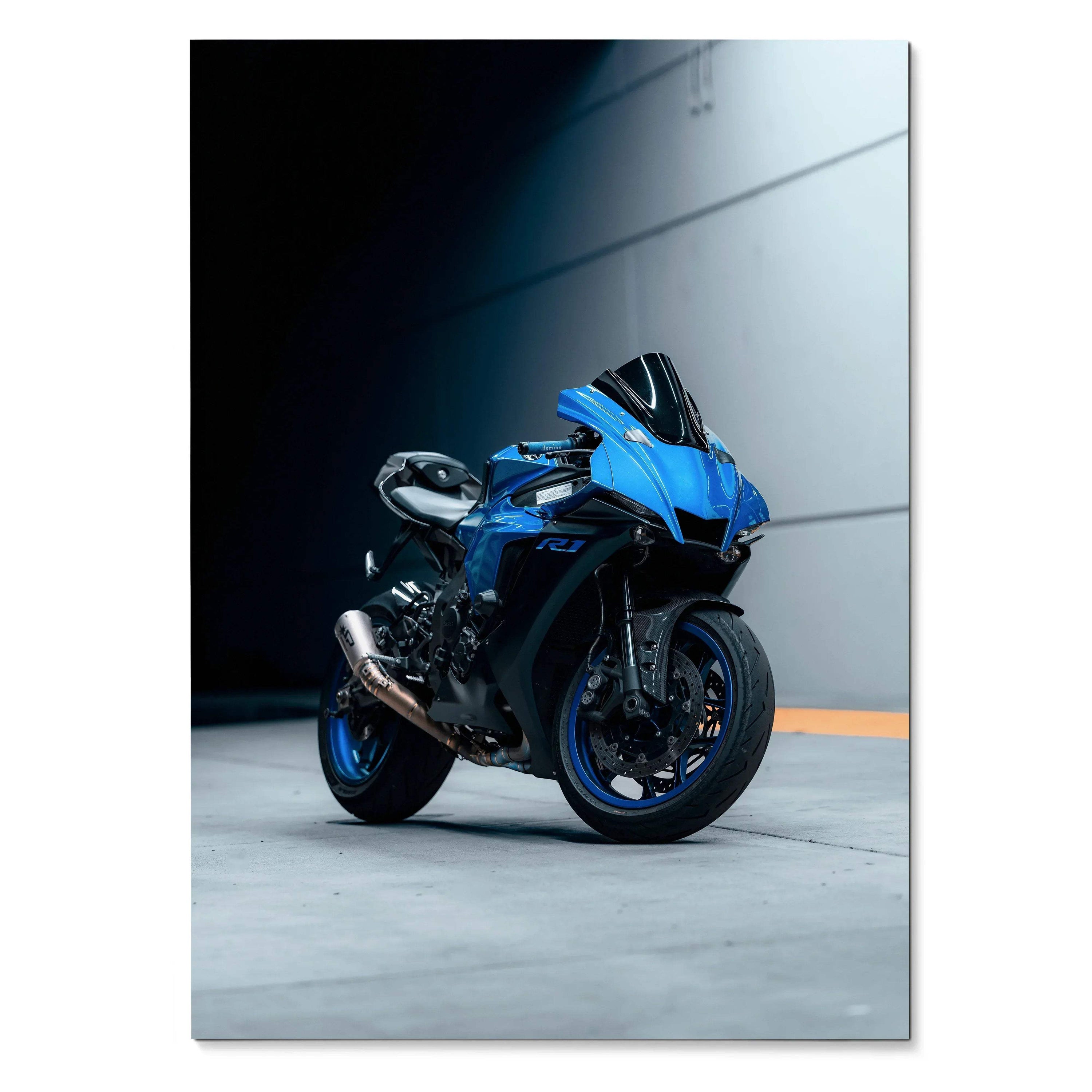 Yamaha R1 motorcycle close-up poster in blue and black as sleek wall art decor.
