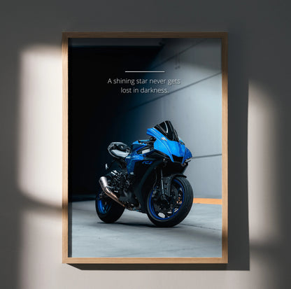 Yamaha R1 blue sportbike with inspiring motivational text poster wall art in wooden frame.