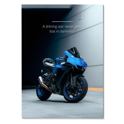 Blue Yamaha R1 motorcycle with inspirational text on black-gray wall art poster.