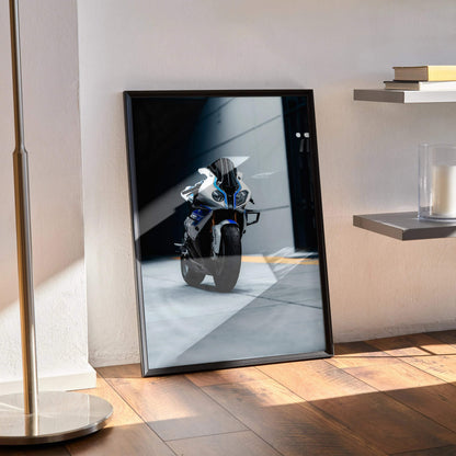Black-framed poster featuring a white and blue bmw s1000rr hp4 motorcycle in motion premium wall decor art print