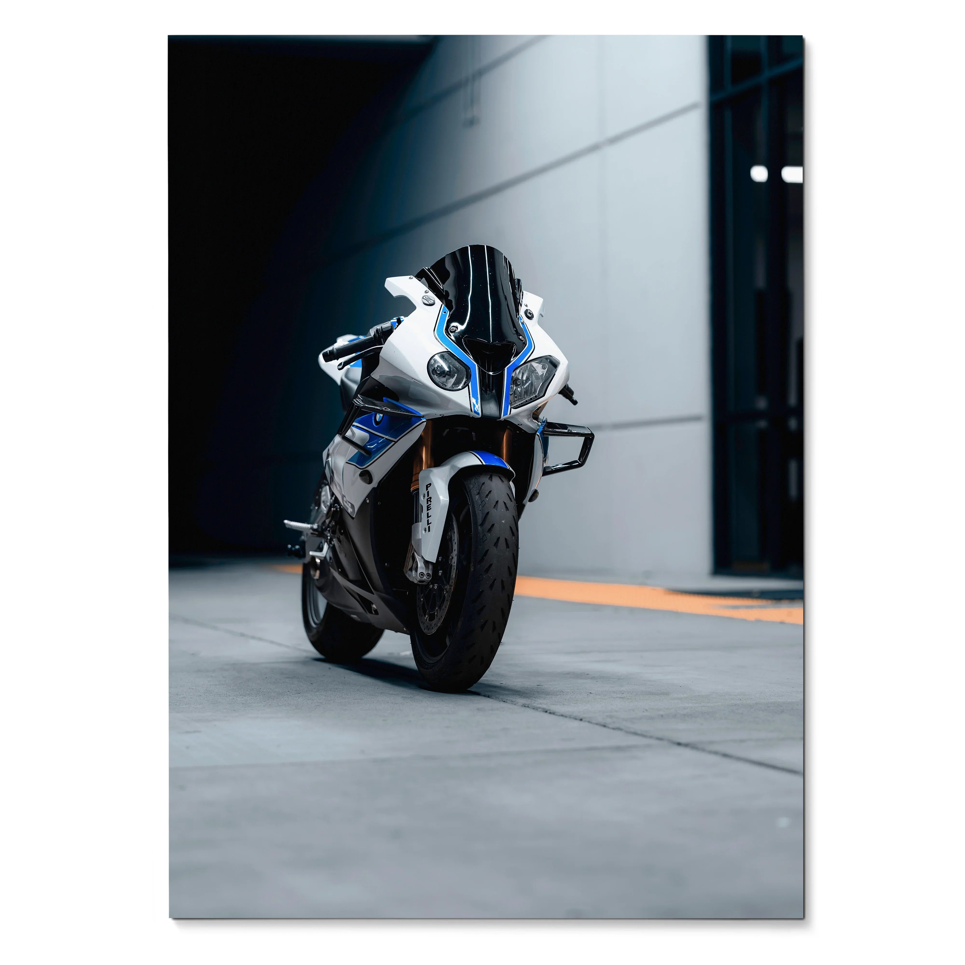 BMW S1000RR HP4 motorcycle poster with sleek white and blue design, modern wall art print.