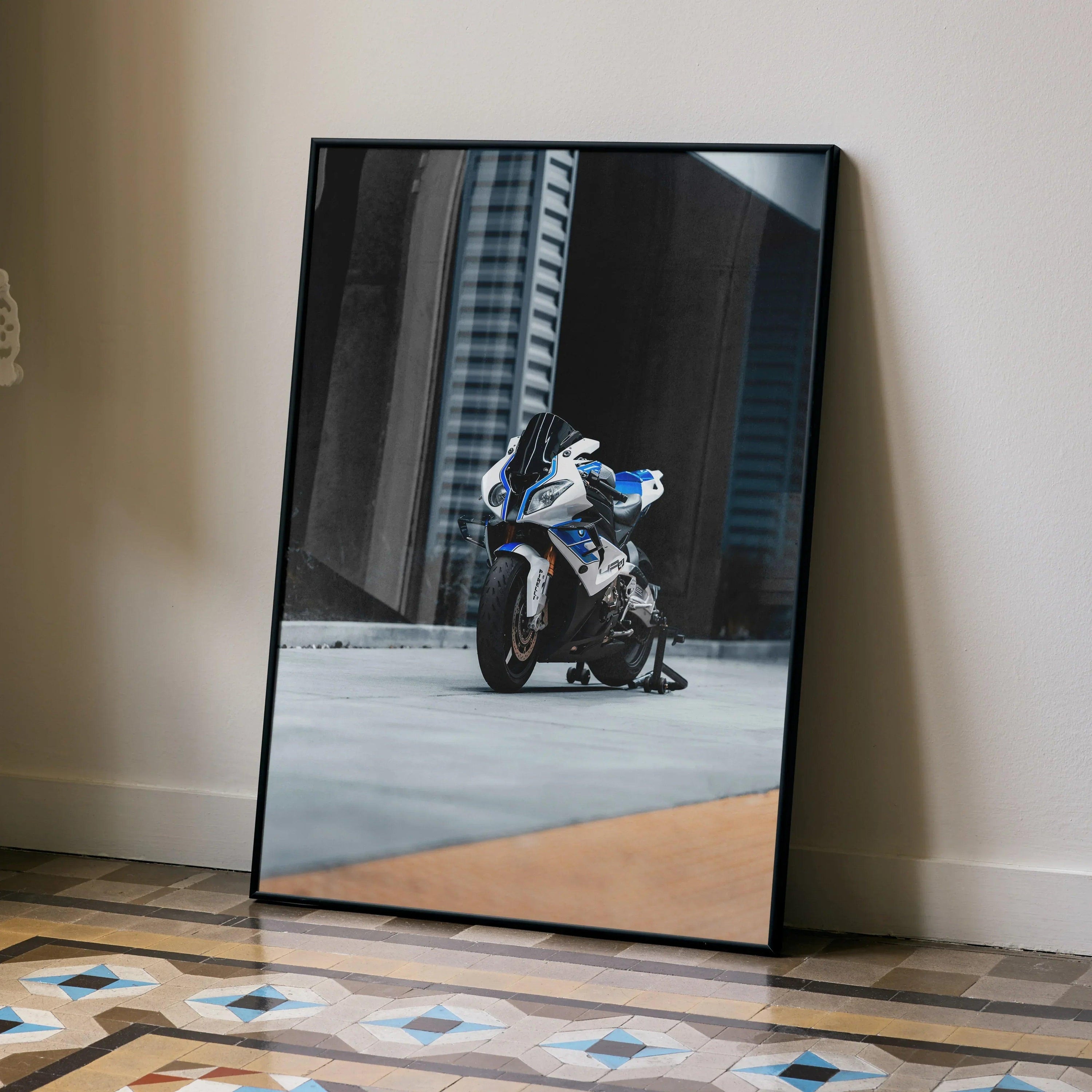 BMW S1000RR HP4 motorcycle poster with blue and white details, modern urban wall art in black frame.