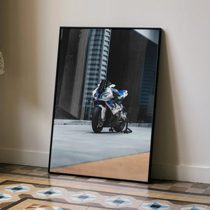BMW S1000RR HP4 motorcycle poster with blue and white details, modern urban wall art in black frame.