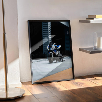 BMW S1000RR HP4 motorcycle poster with blue and white racing design, modern wall art in black frame.