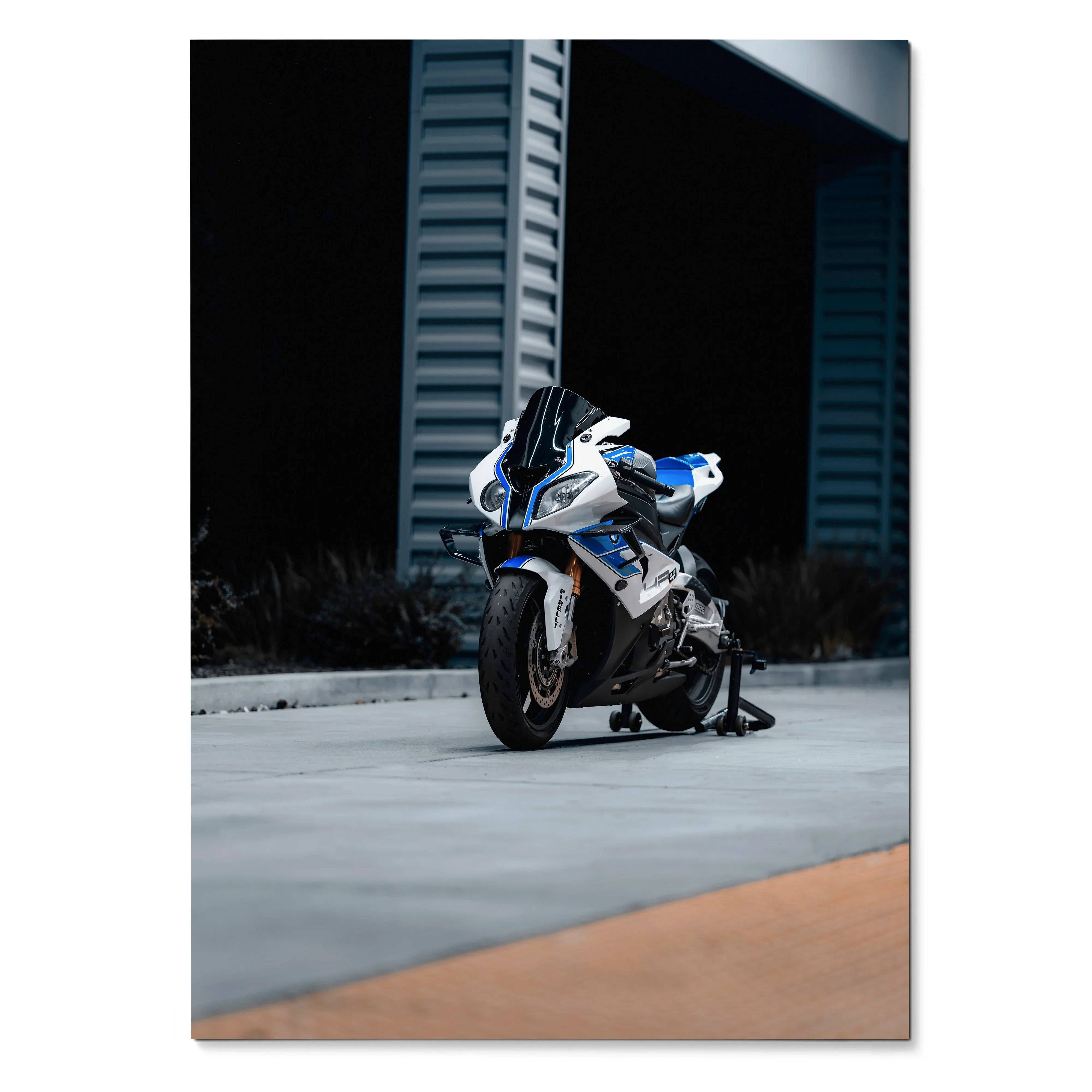 BMW S1000RR HP4 motorcycle poster with blue and white sportbike on modern industrial background wall art.