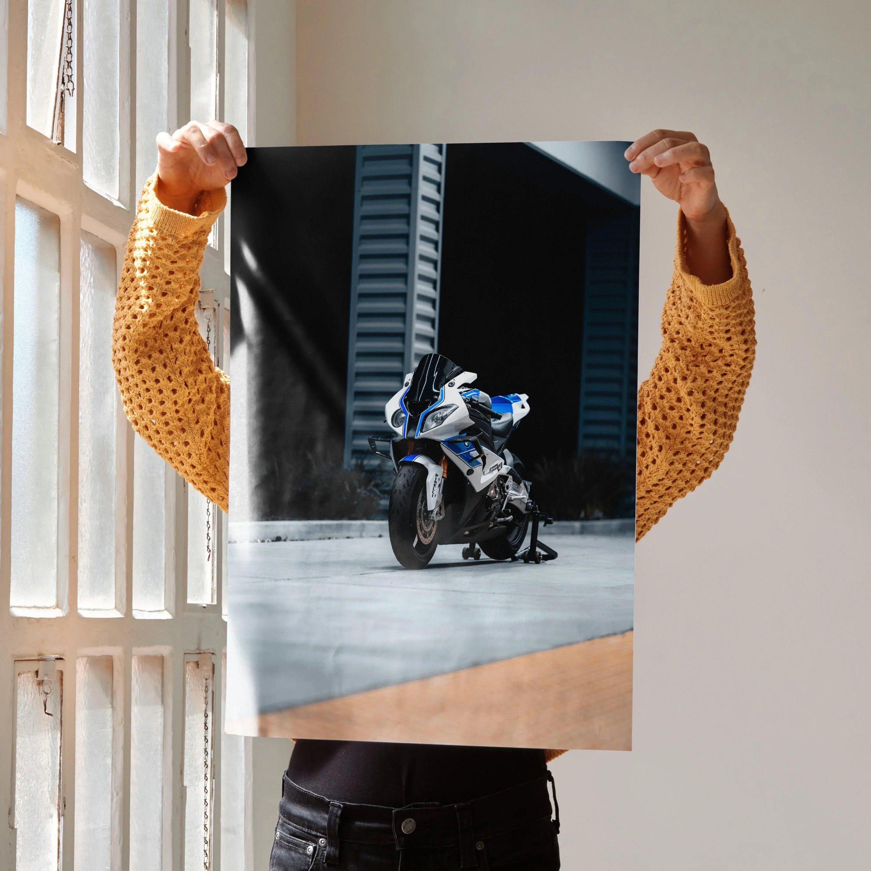 BMW S1000RR HP4 motorcycle poster with blue and white sportbike on urban street, wall art print.