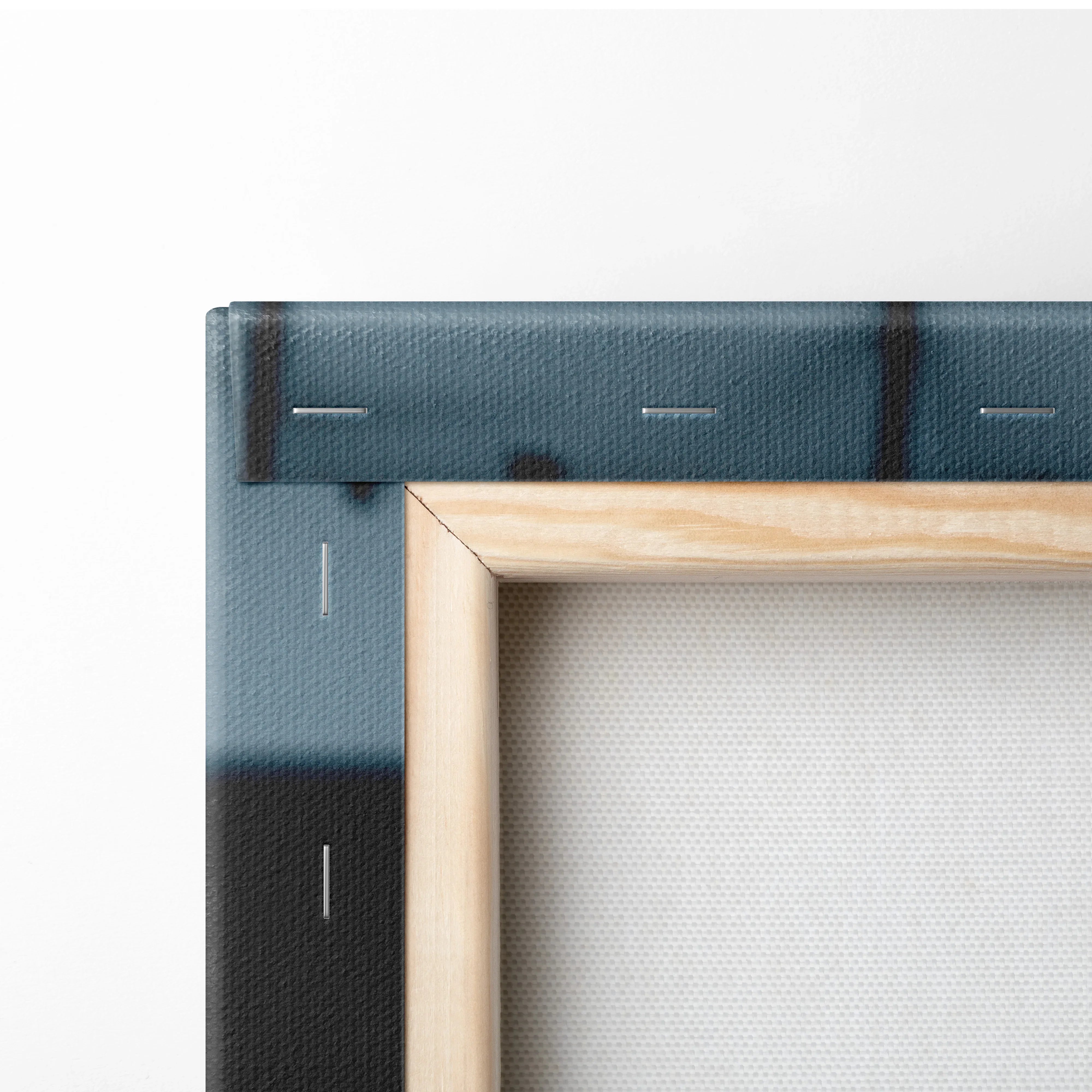 Close-up of wooden frame corner on Yamaha R1 motorcycle vertical canvas wall art with textured canvas surface.