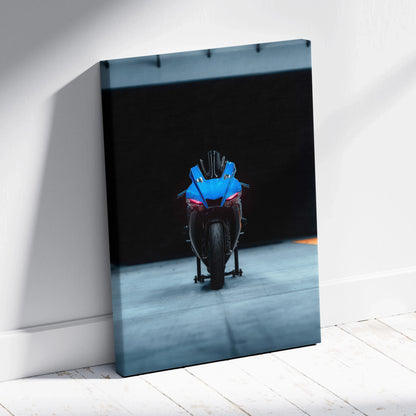 Yamaha R1 blue motorcycle on dark background vertical canvas wall art print.