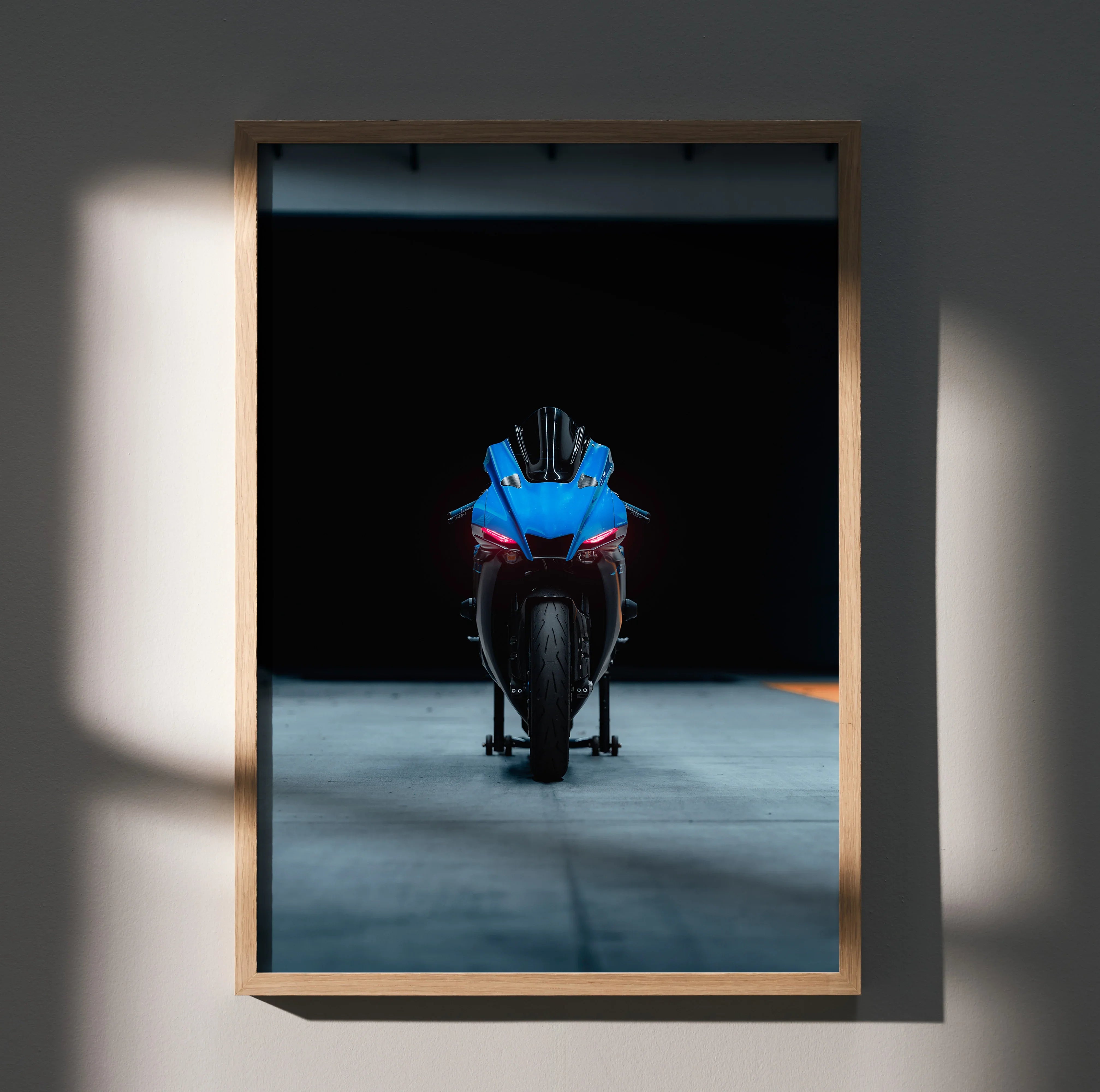 Yamaha R1 motorcycle poster with blue and black tones on a dark background, modern wall art.