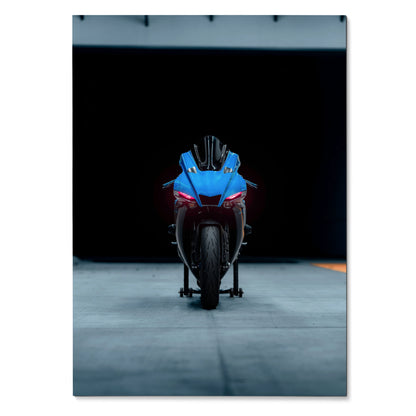 Blue Yamaha R1 motorcycle poster with a front view, dark background wall art.