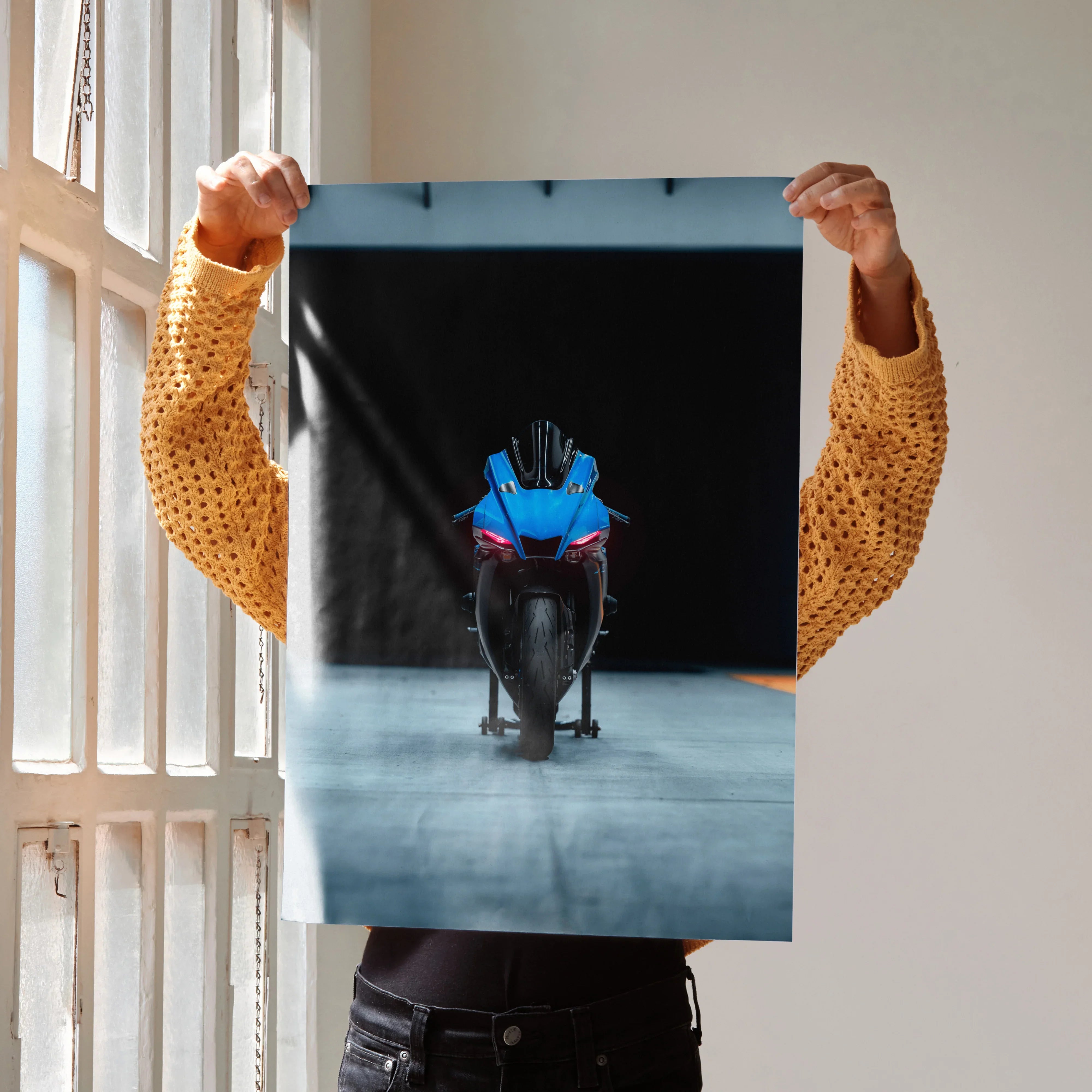 Yamaha R1 motorcycle poster with blue and black design, modern speed-inspired wall art.