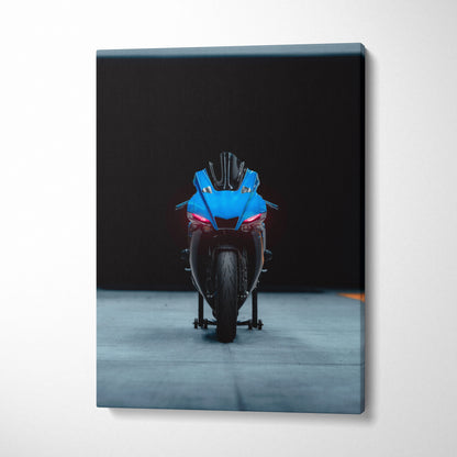 Yamaha R1 motorcycle front view on black background vertical canvas wall art.