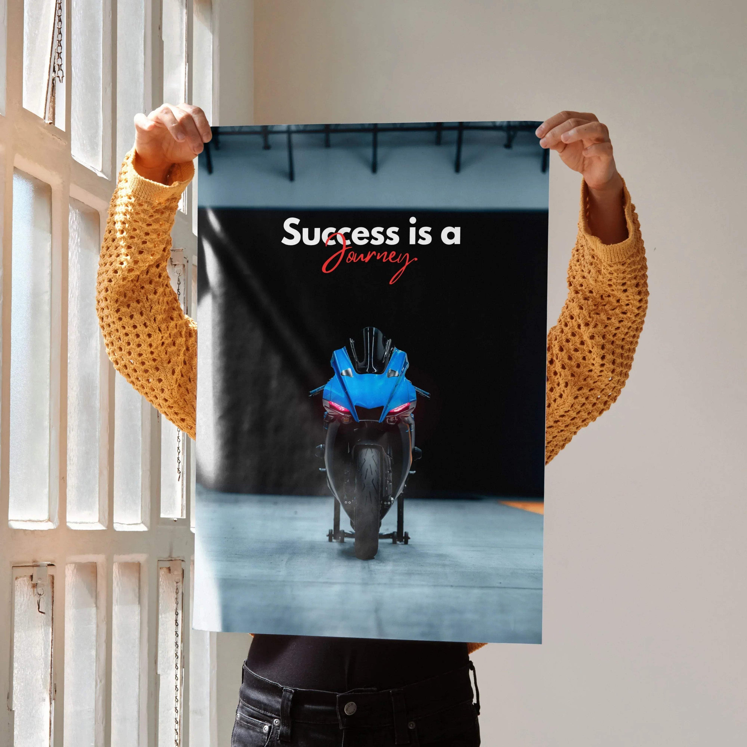 Motivational poster wall art featuring Yamaha R1 motorcycle with inspiring "Success is a Journey" text in blue and red colors.