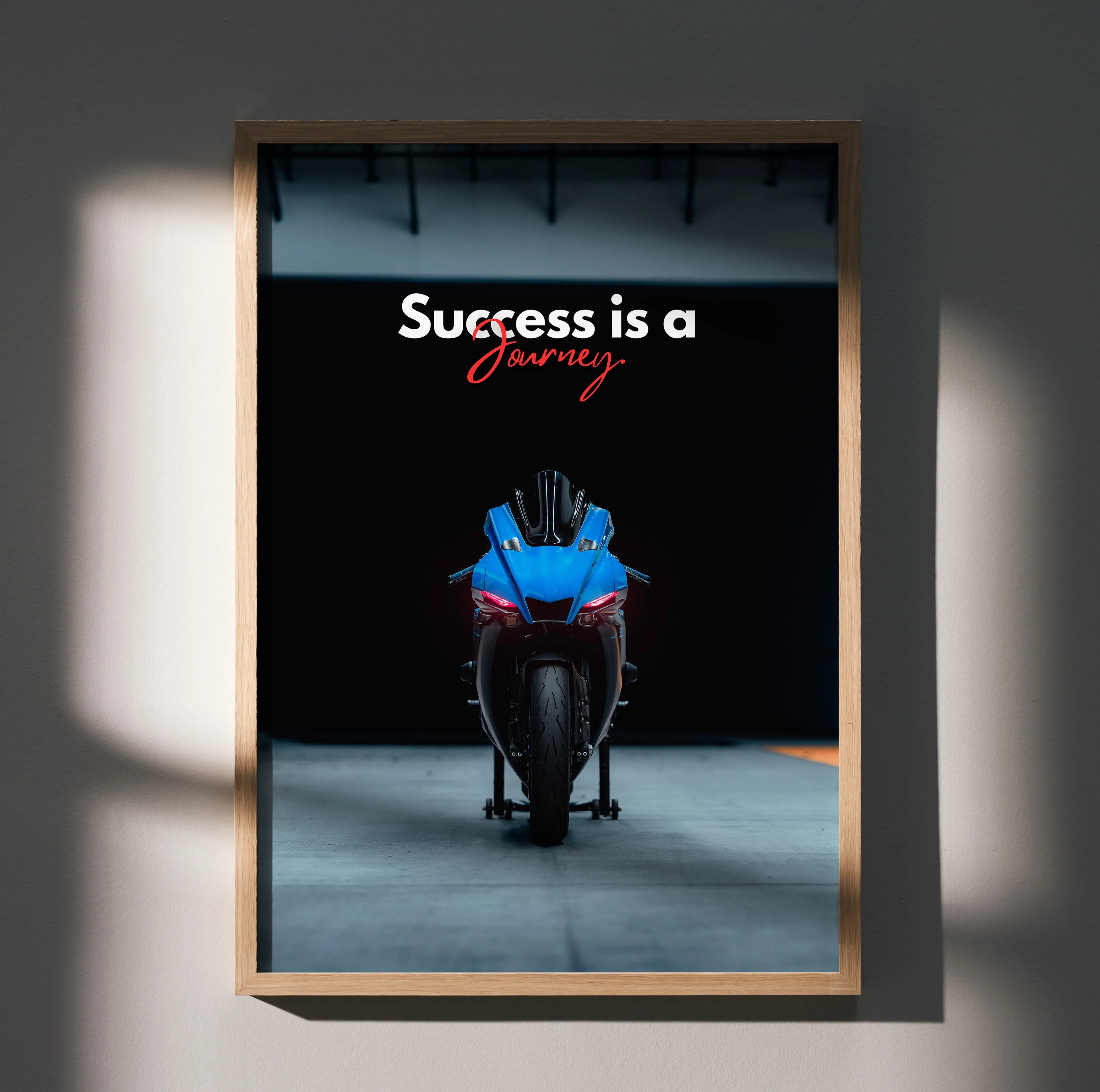 Motivational poster wall art with Yamaha R1 motorcycle front view and "Success is a Journey" text on black background.
