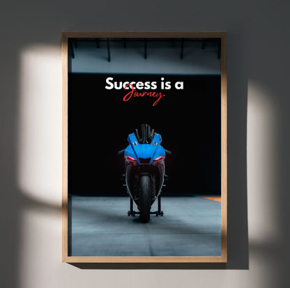 Motivational poster wall art with Yamaha R1 motorcycle front view and "Success is a Journey" text on black background.