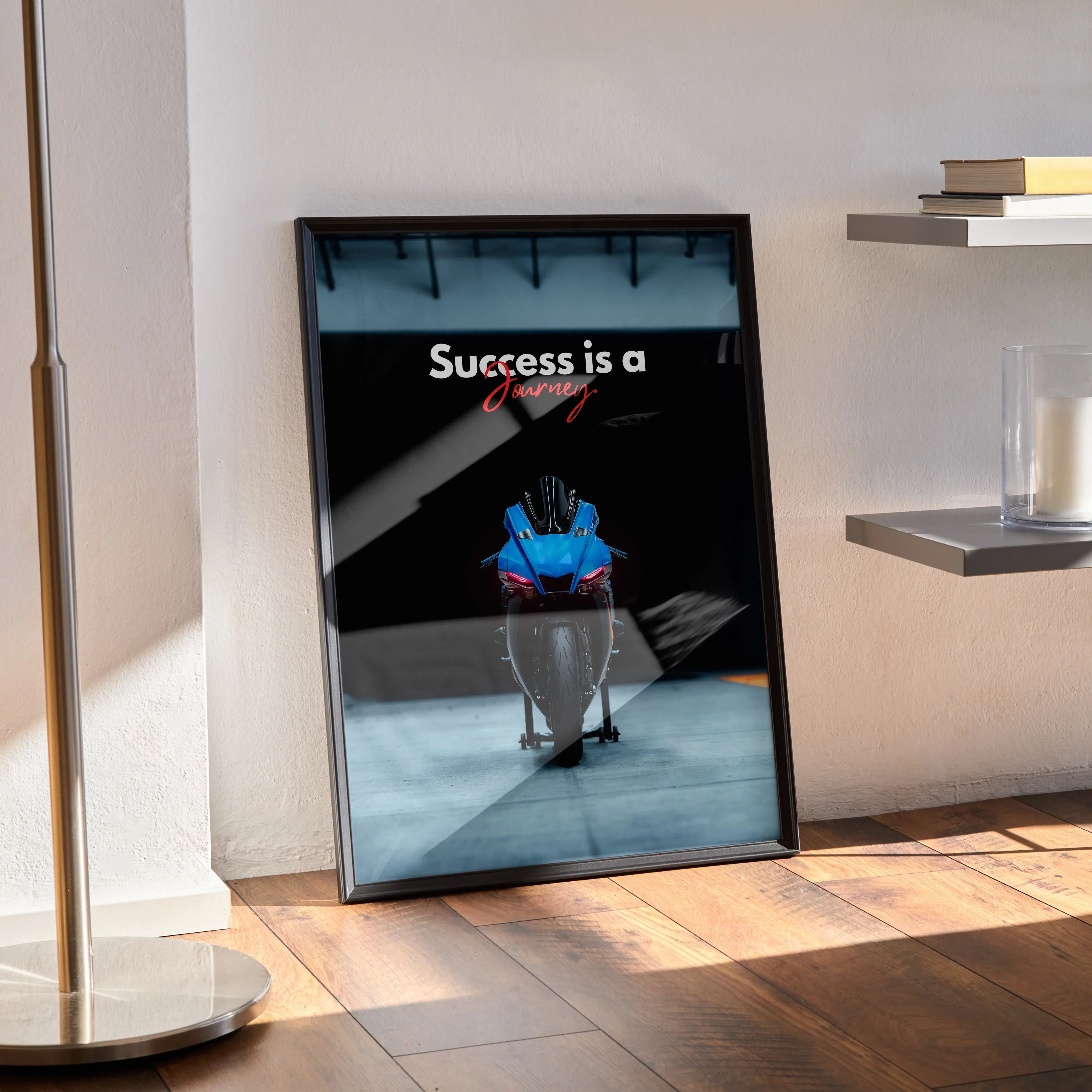 Motivational poster wall art with Yamaha R1 motorcycle and "Success is a" text in bold white letters on black background.