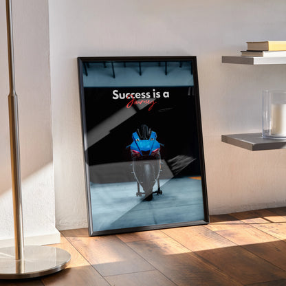 Motivational poster wall art with Yamaha R1 motorcycle and "Success is a" text in bold white letters on black background.