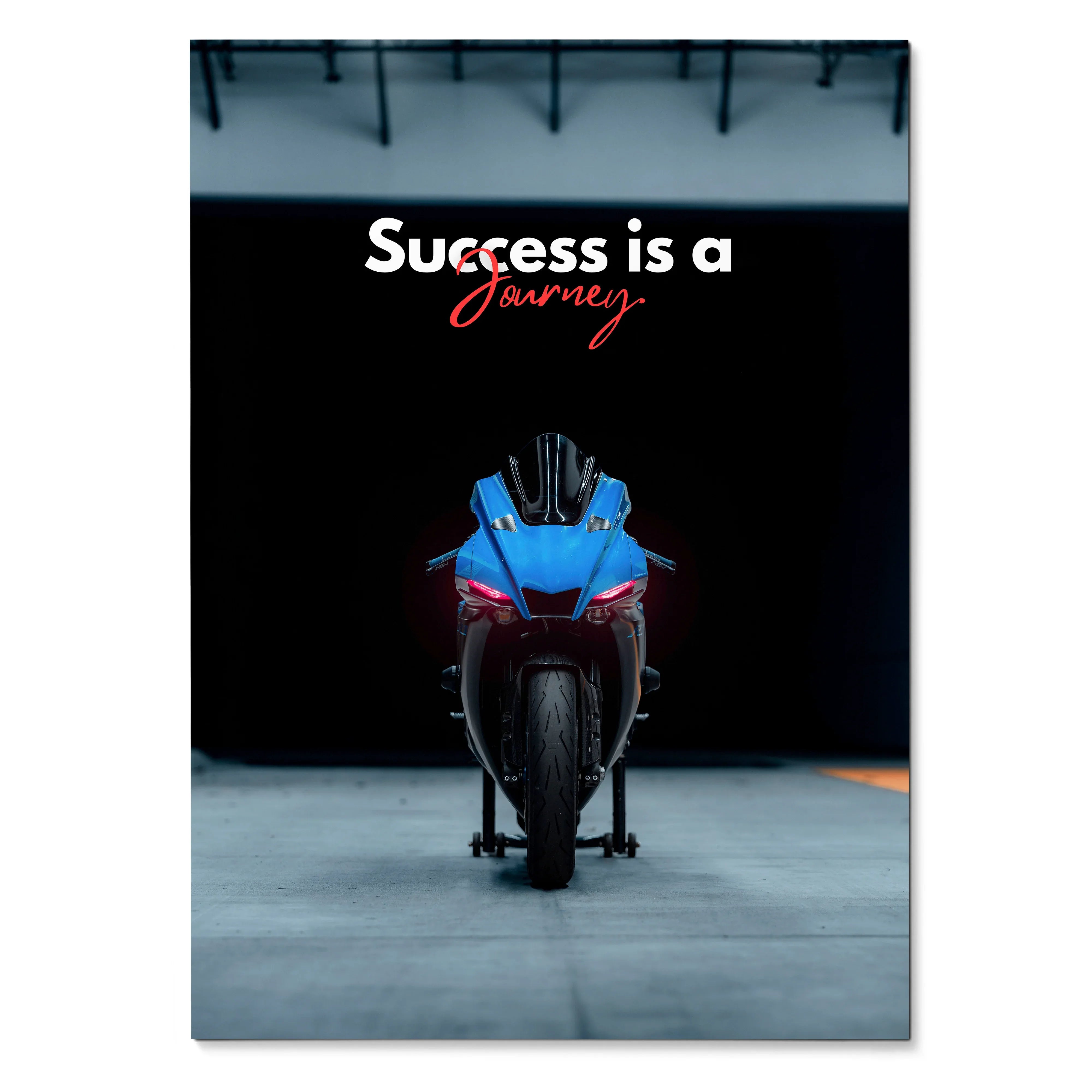 Yamaha R1 motorcycle front view with "Success is a Journey" motivational text poster wall art.