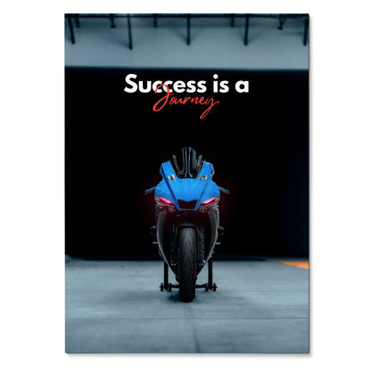 Yamaha R1 motorcycle front view with "Success is a Journey" motivational text poster wall art.