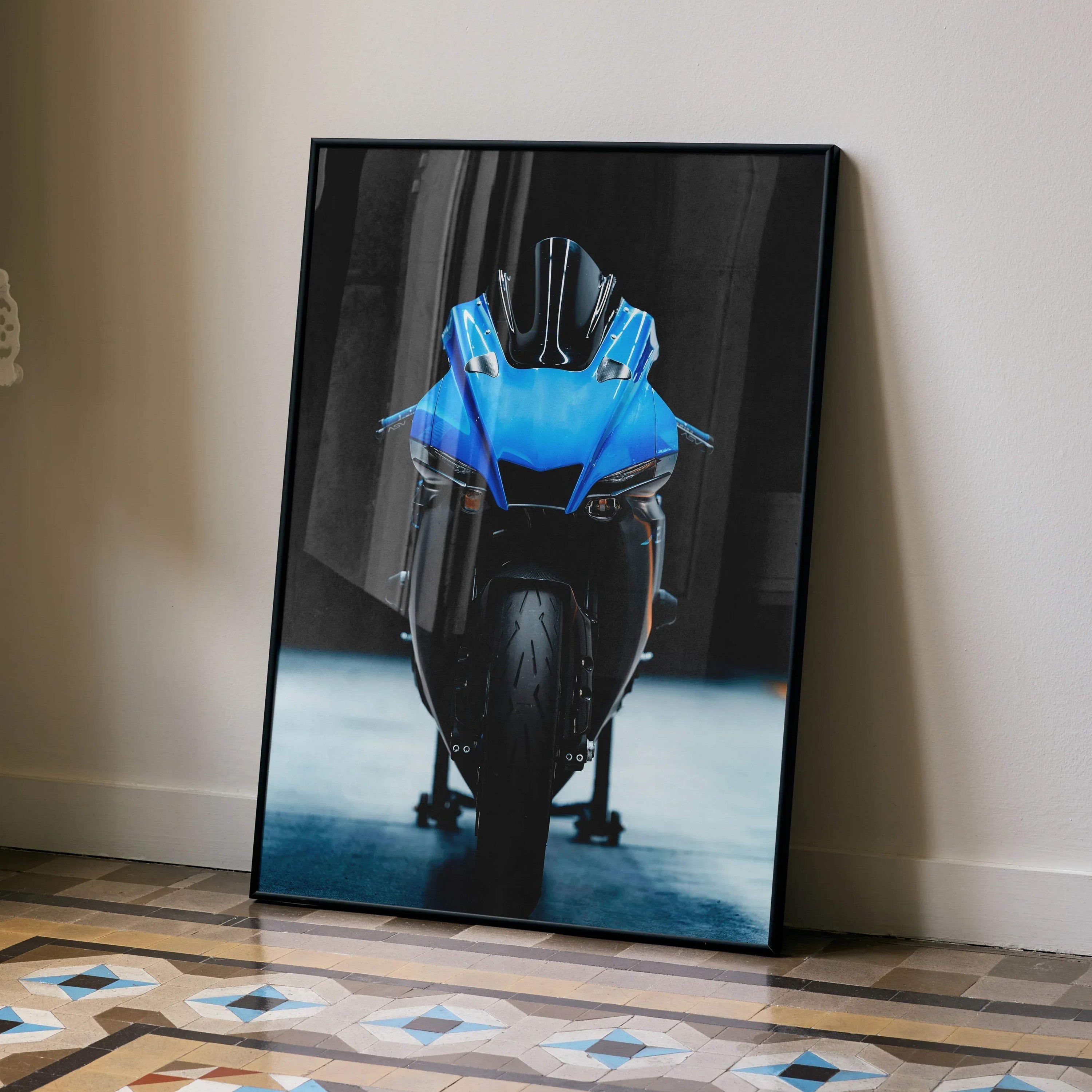 Yamaha R1 motorcycle poster with bold blue front view as wall art, sleek and modern design.