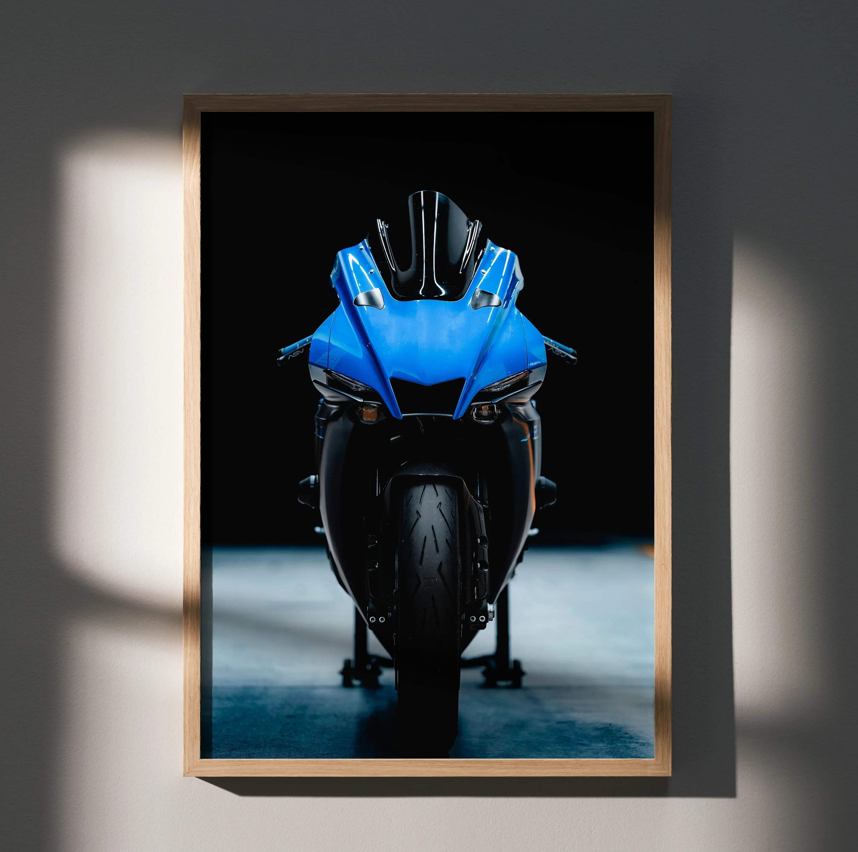 Yamaha R1 motorcycle front view poster wall art with blue and black color scheme.