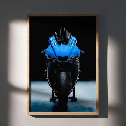 Yamaha R1 motorcycle front view poster wall art with blue and black color scheme.