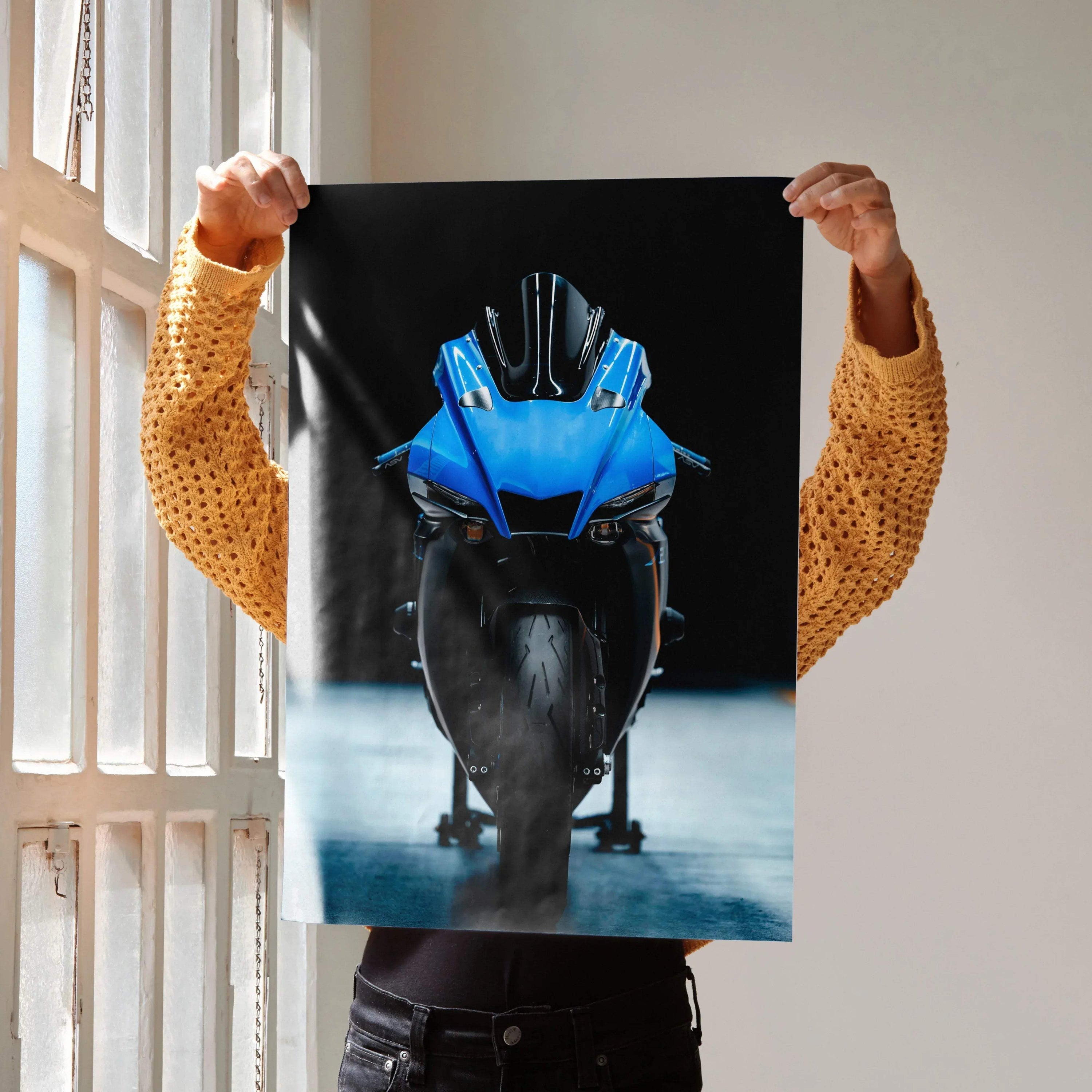 Yamaha R1 motorcycle front view poster with striking blue bike design, wall art for bold decor.