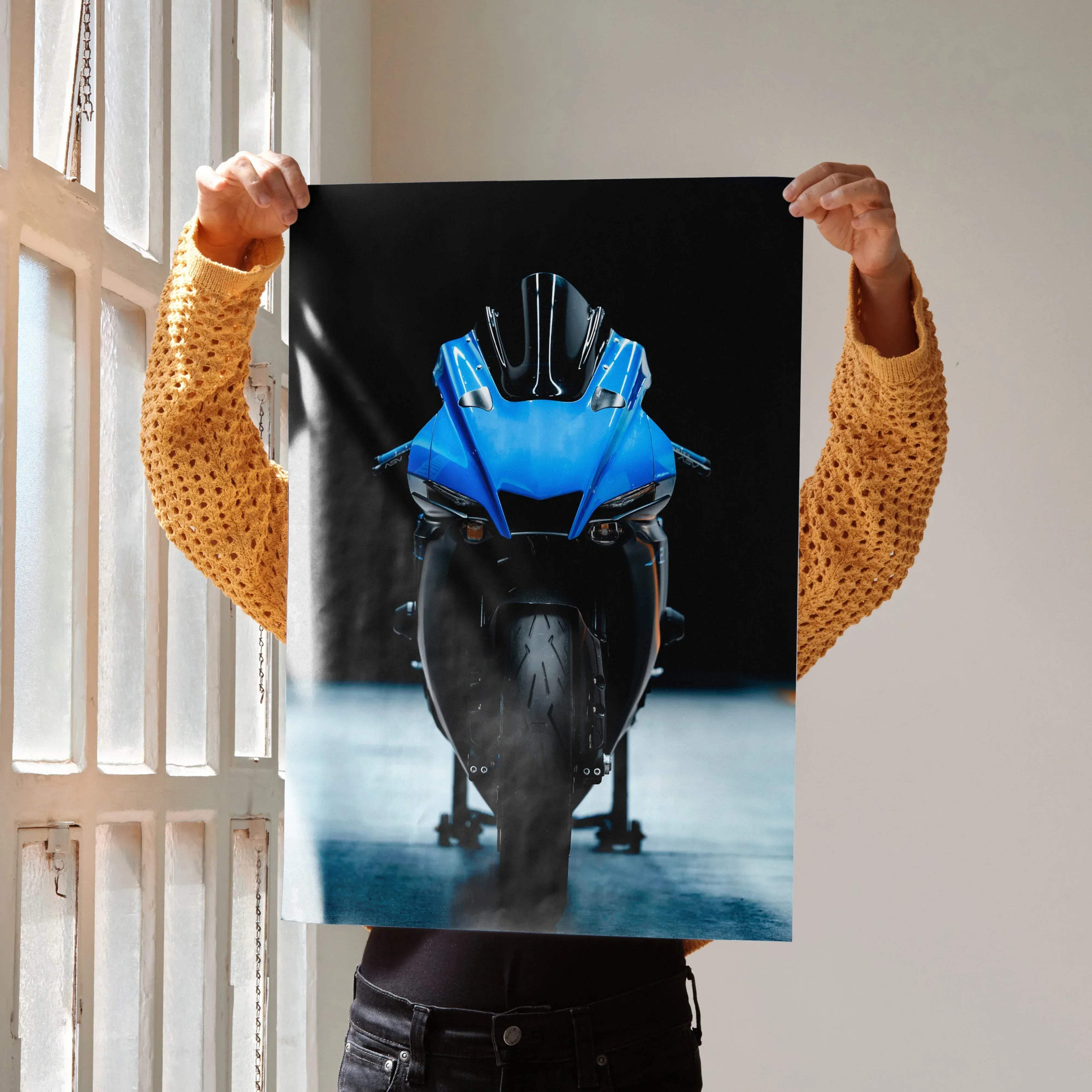 Blue and black Yamaha R1 motorcycle art print featuring a bold sport bike design to enhance your decor