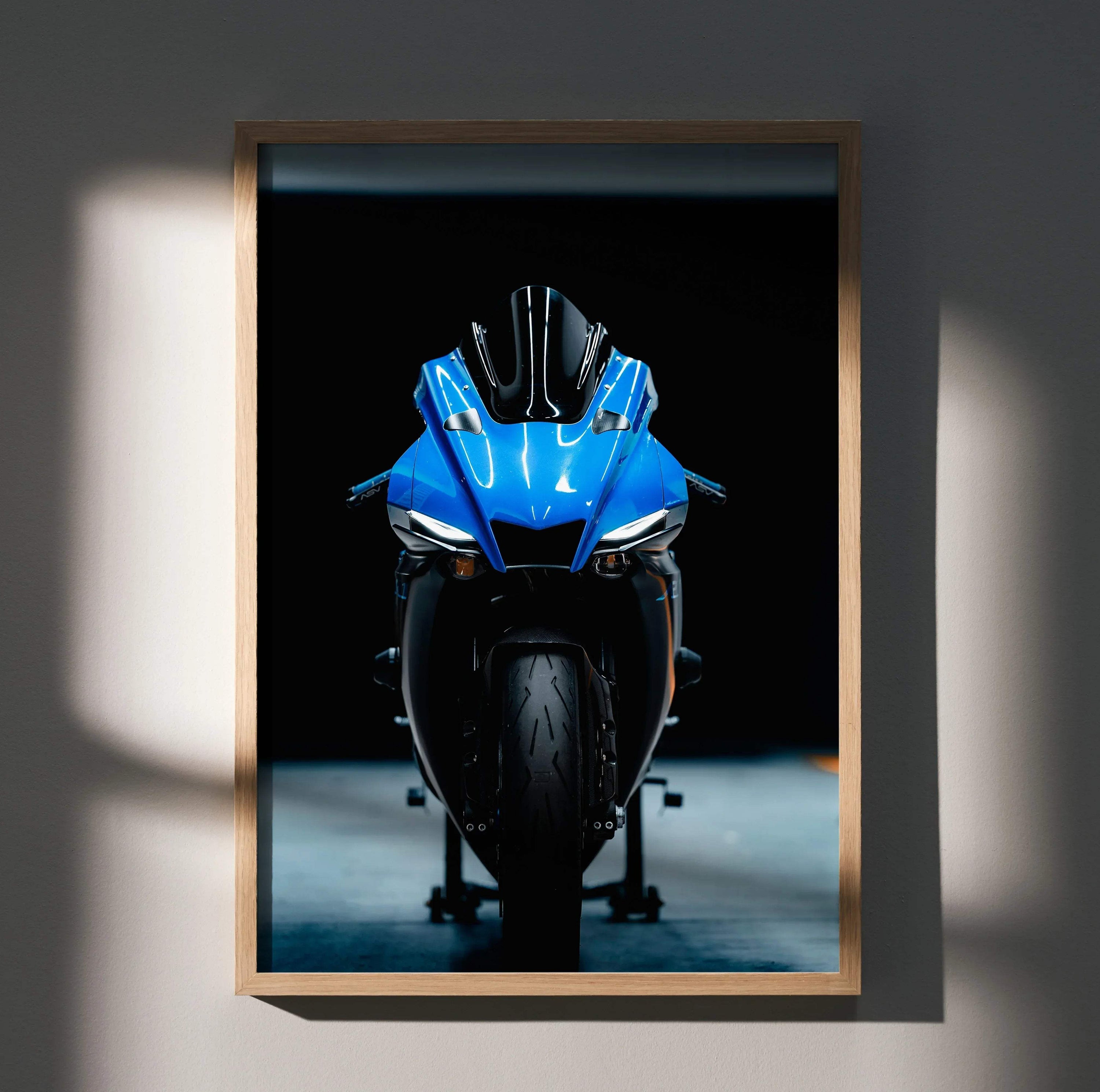 Yamaha YZF-R1 motorcycle front view poster with blue fairing and black background wall art.